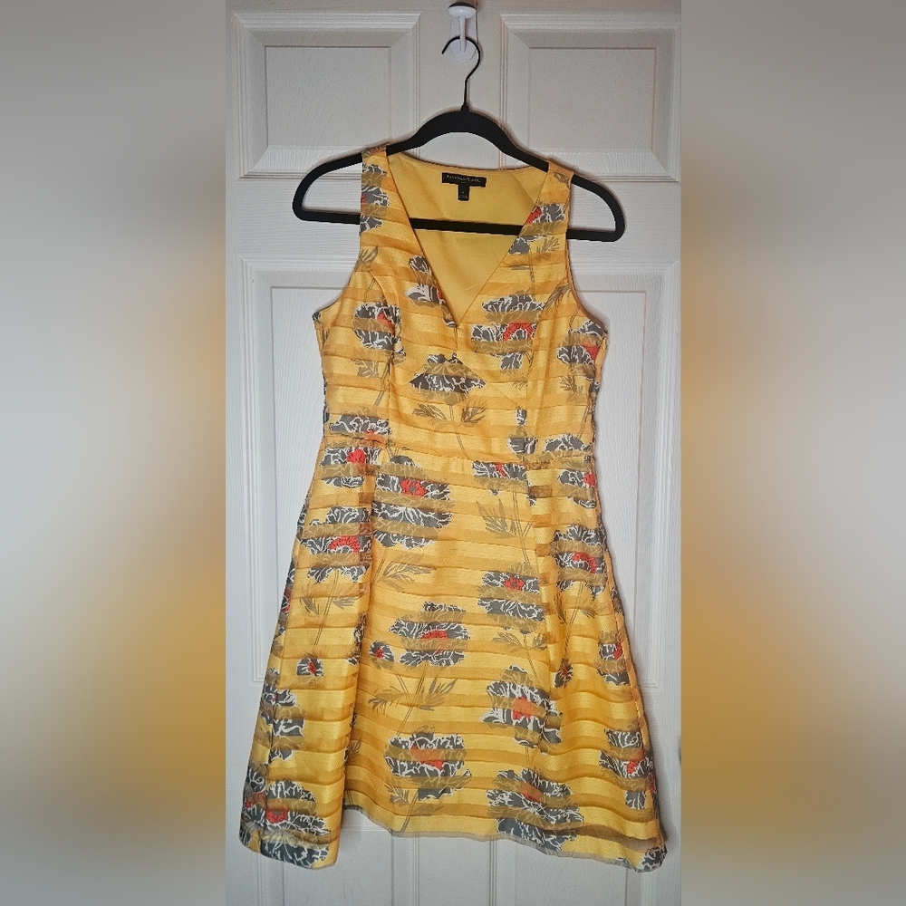 Banana Republic Yellow Floral Fit & Flare Dress Organza Overlay Size 6